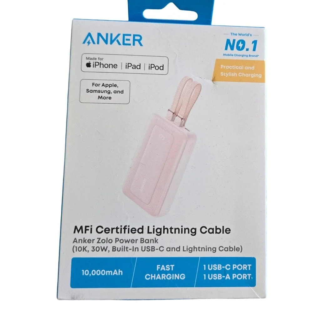Anker Zolo Power Bank 10K 30W Pink New Built-In Lightning & USB-C Cables A1680